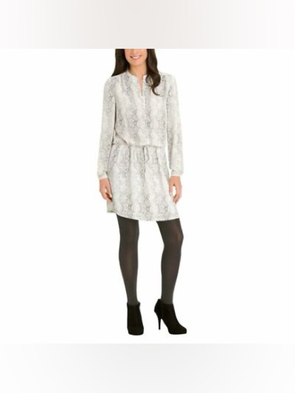 Hilary Radley Grey Snakeskin Print Long Sleeve Drawstring Waist Mini Dress Small